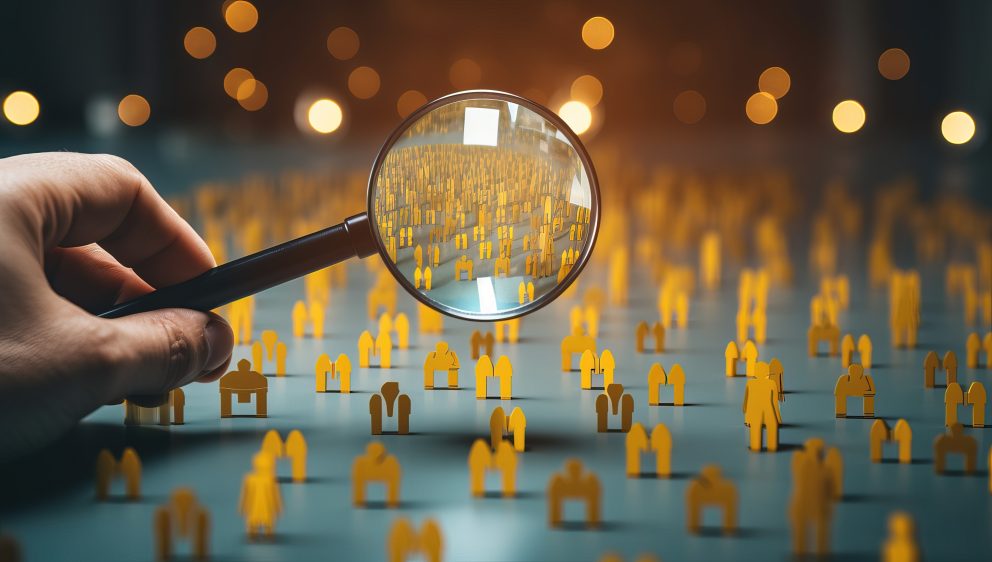 Human resources management and recruitment concept. Magnifying glass over crowd of people.